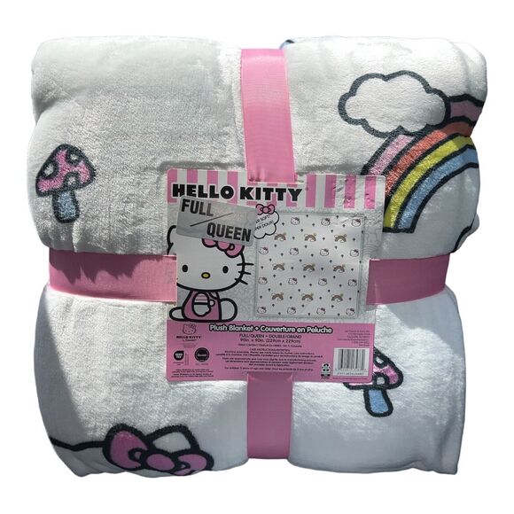 HELLO KITTY Rainbow Mushroom Full/Queen 90 x 90 White Throw Blanket New W tags - Picture 1 of 5